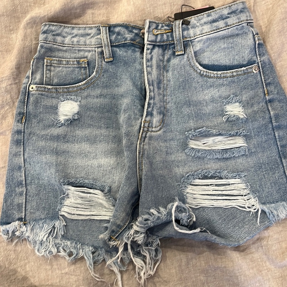 pretty little thing destructive denim shorts
